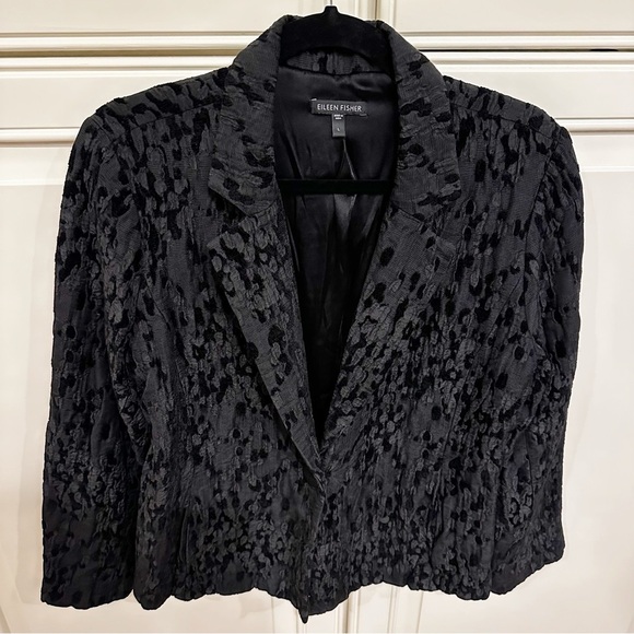 Eileen Fisher Women Black Chenille Water Lily Jacquard Texture Silk Blend Blazer - Picture 2 of 9